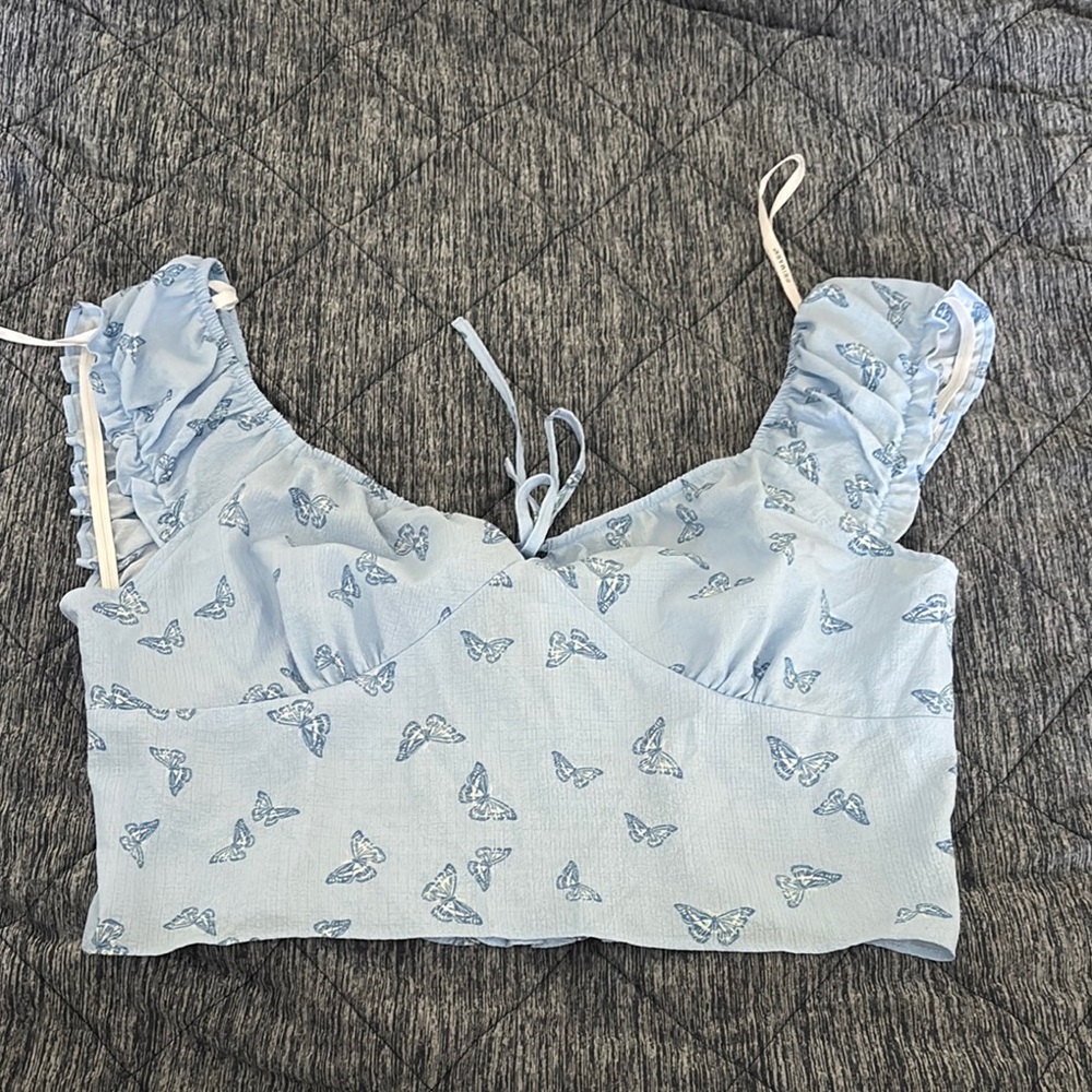 Primark Blue Sleeveless Crop Blouse with Tie Front